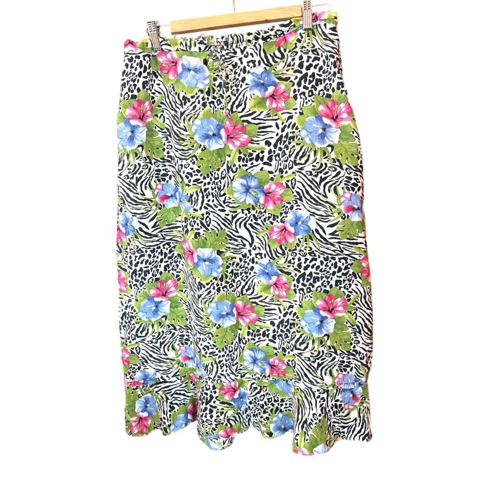 Choices 100% Linen Midi Skirt Sz L Floral Zebra Leopard Print Boho Festival Flaw
